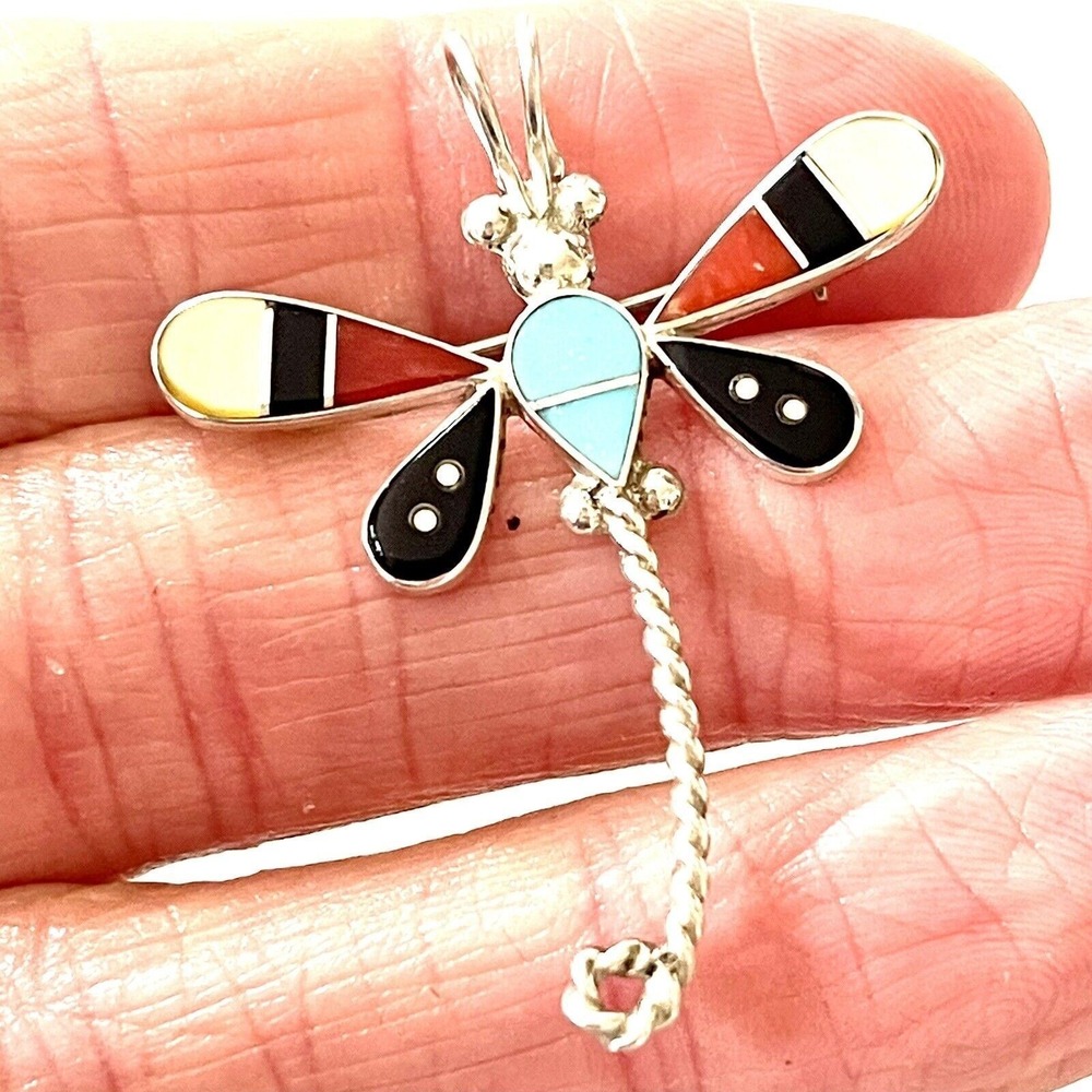 Dragonfly Zuni Inlay Pendant Pin Turquoise Multi Stone 1.75in Sterling Signed